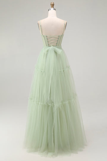Green A Line Beaded Tulle Corset Long Prom Dress with Lace Up Back